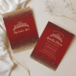 Chic Sparkling Red Gold Glitzer Tiara Quinceanera Einladung