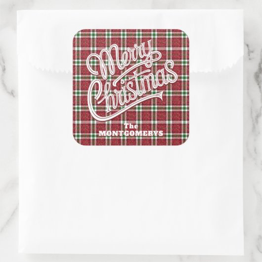 Chic Sparkly Plaid Christmas  Quadratischer Aufkleber (Tasche)