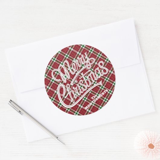 Chic Sparkly Plaid Christmas Runder Aufkleber (Umschlag)