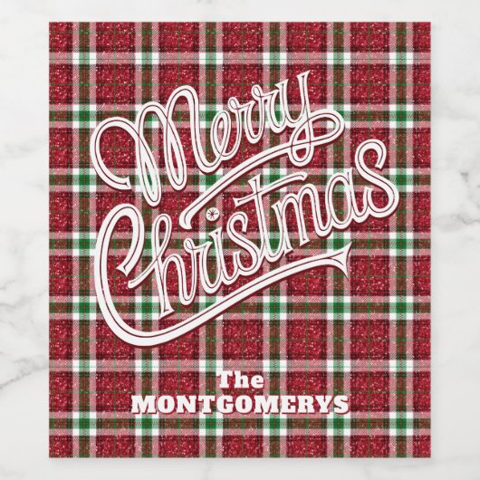 Chic Sparkly Plaid Christmas Weinetikett (Einzelnes Label)