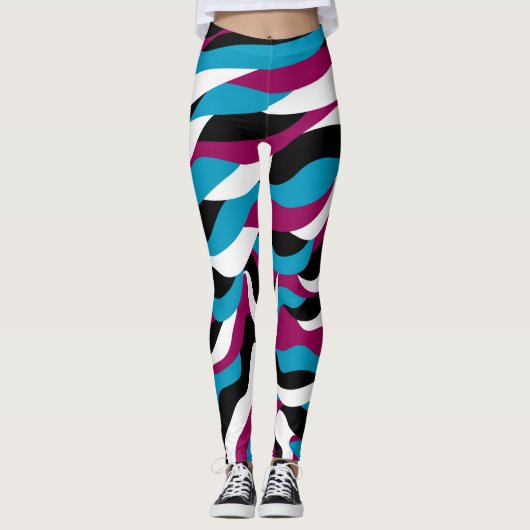 Chic spielend Abstrakt Retro Wavy Blue Pink Leggings (Vorderseite)