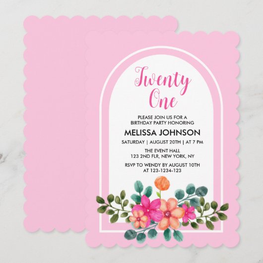 Chic Spring Flora Greenery Soft Pink 21. Geburtsta Einladung (Vorne/Hinten)