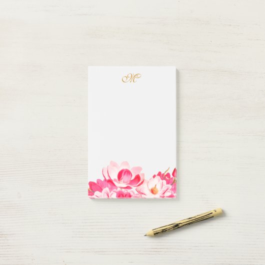 Chic Spring Pink Magnolias Floral Monogram Notepad Post-it Klebezettel (Auf Schreibtisch)