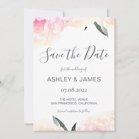 Chic Spring Pink Peony Calligraphy Save the Date (Vorderseite)
