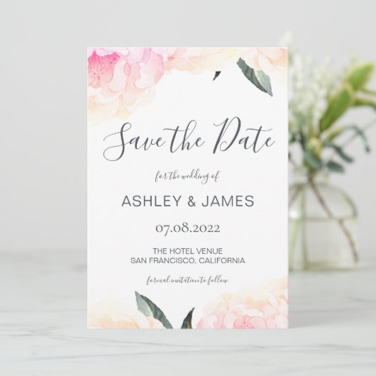 Chic Spring Pink Peony Calligraphy Save the Date (Stehend Vorderseite)