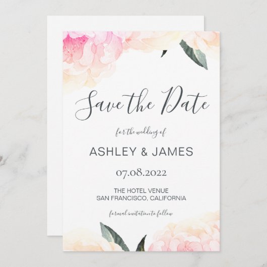 Chic Spring Pink Peony Calligraphy Save the Date (Vorne/Hinten)