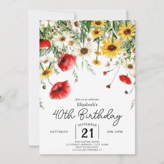 Chic Spring Wildblumen 40. Geburtstag Einladung (Vorderseite)