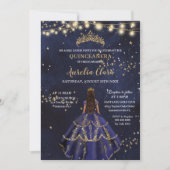 Chic Starry Night Navy Blue Dress Gold Quinceañera Einladung (Vorderseite)