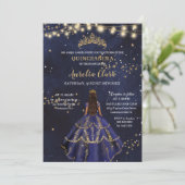 Chic Starry Night Navy Blue Dress Gold Quinceañera Einladung (Stehend Vorderseite)