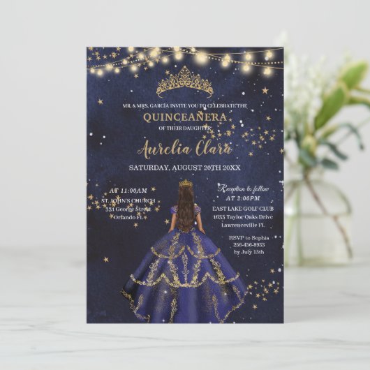 Chic Starry Night Navy Blue Dress Gold Quinceañera Einladung (Stehend Vorderseite)