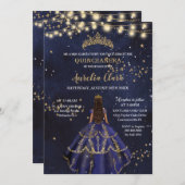 Chic Starry Night Navy Blue Dress Gold Quinceañera Einladung (Vorne/Hinten)
