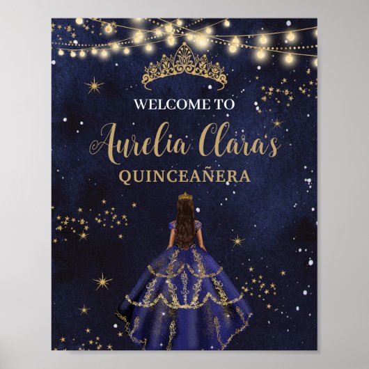Chic Starry Night Navy Blue Dress Gold Quinceañera Poster (Vorne)