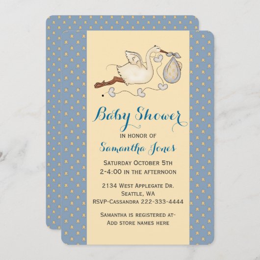 Chic Stork Baby Boy Shower Einladung (Vorne/Hinten)