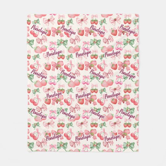 chic strawberries coquette bow repeating name pink fleecedecke (Vorderseite)