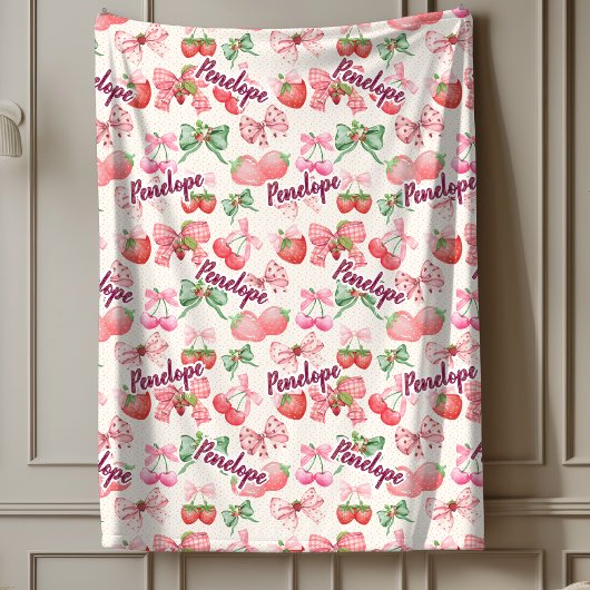 chic strawberries coquette bow repeating name pink fleecedecke