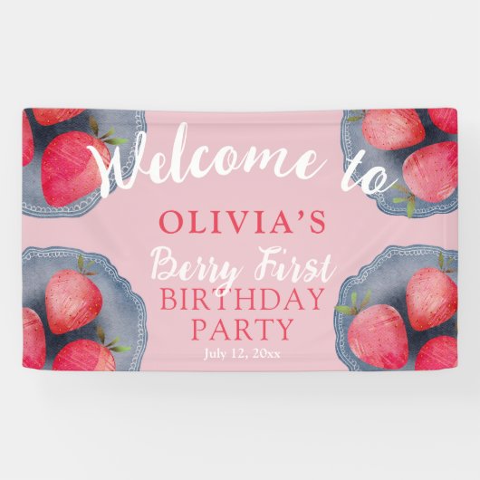 Chic Strawberry Red & Pink 1st Birthday  Banner (Horizontal)