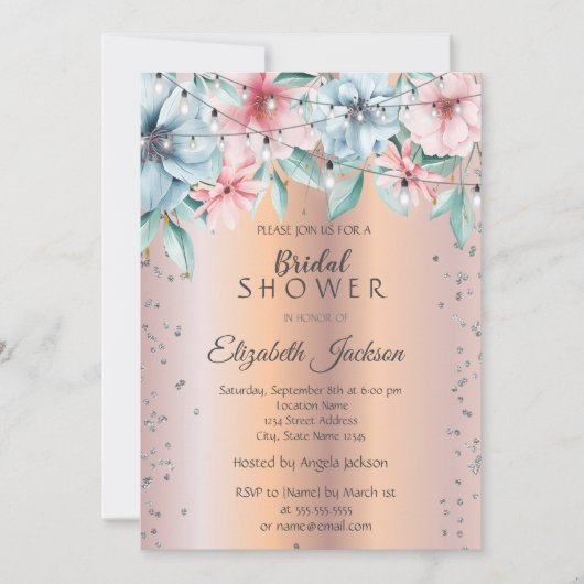 Chic String Lights, Diamonds Blumenmotiv Brautpart Einladung (Vorderseite)