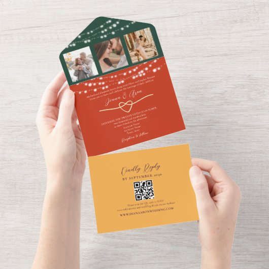 Chic String Lights Hochzeiten QR Code All In One Einladung (Abreißen)
