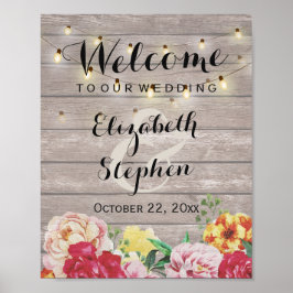 Chic String Lights Rustic Wood Floral Wedding Sign Poster