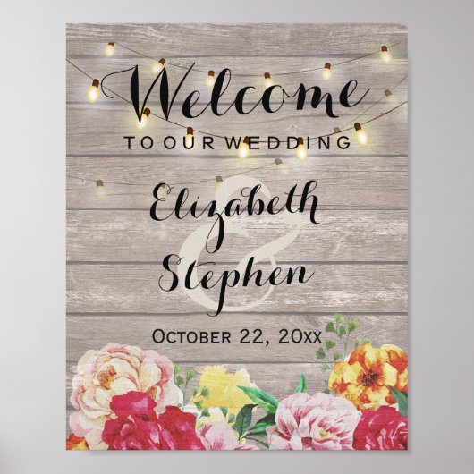 Chic String Lights Rustic Wood Floral Wedding Sign Poster (Vorne)