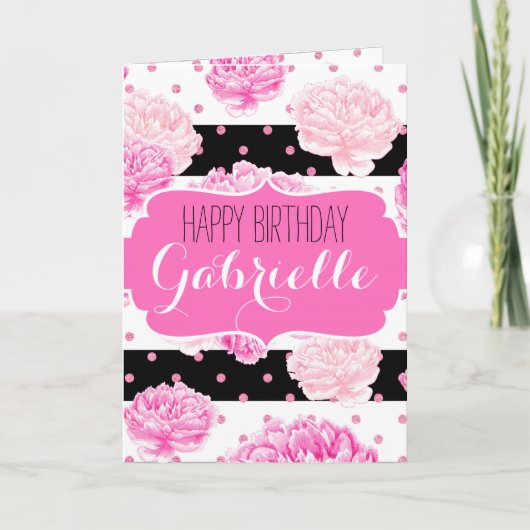 Chic Stripes Pink Floral Wasserfarbe Glücklich Geb Karte (Vorderseite)