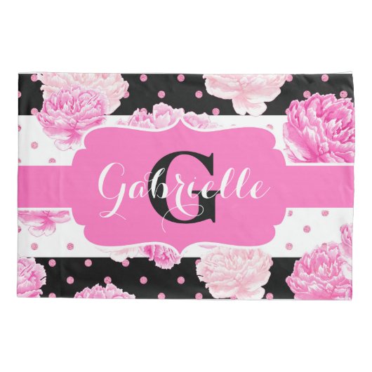 Chic Stripes Pink Watercolor Floral Monogram Kissenbezug (Rückseite)