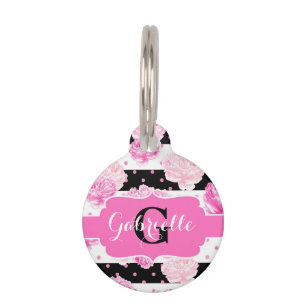 Chic Stripes Rosa Blume Name Anfangskatze oder Hun Tiermarke