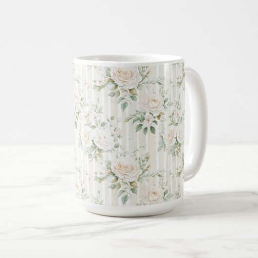 Chic Stripes White Floral Romantische Hochzeit Kaffeetasse (VorderseiteRechts)