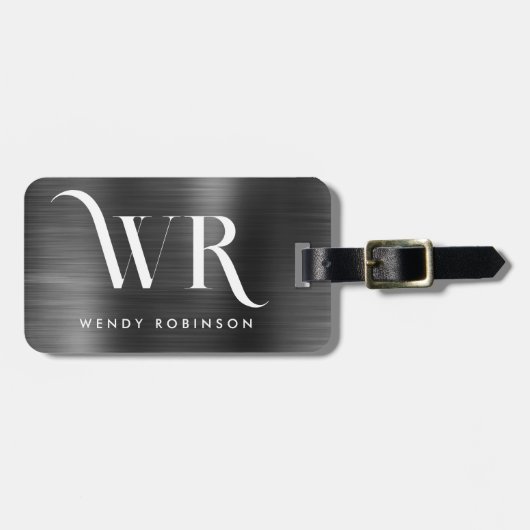 Chic Stylish Black Metal Two Monogram Initial Gepäckanhänger (Vorderseite horizontal)