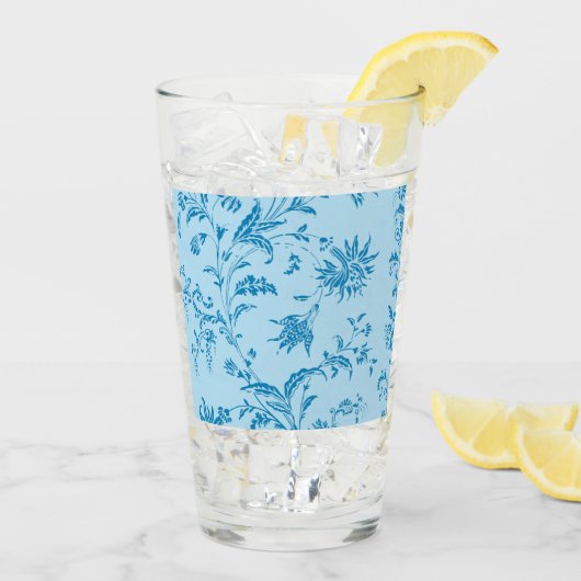 Chic Stylish Blue Floral Damask Muster Tall Drink Glas (Rückseite Ice)