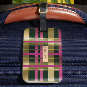 Chic & Stylish Fuchsia Green Kariert Personalisier Gepäckanhänger