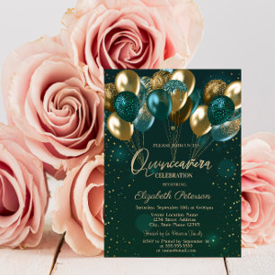 Chic Stylish Gold Green Balloons Green Quinceañera Einladung