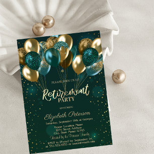 Chic Stylish Gold Green Balloons Green Retirement Einladung