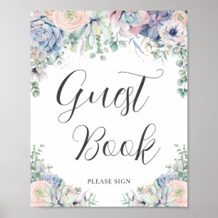 Chic Succulents Blush Floral Wedding Guest Book Poster