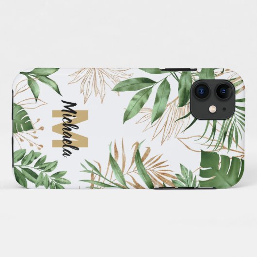 Chic Summer Tropical Greenerity & Gold Monogram Case-Mate iPhone Hülle (Rückseite (Horizontal))