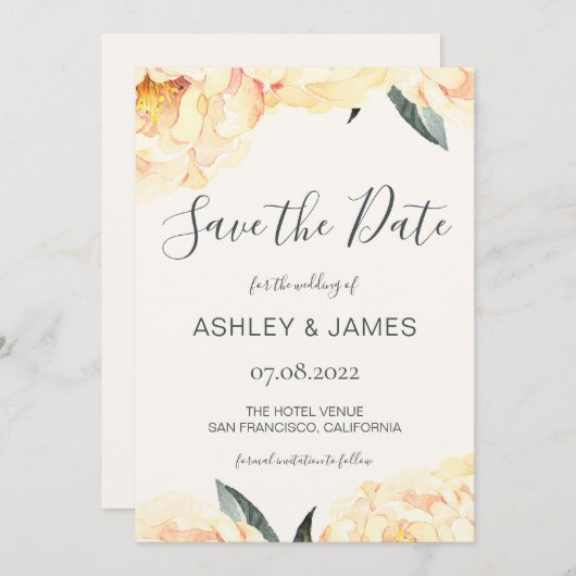 Chic Summer Yellow Peony Calligraphy Save the Date (Vorne/Hinten)