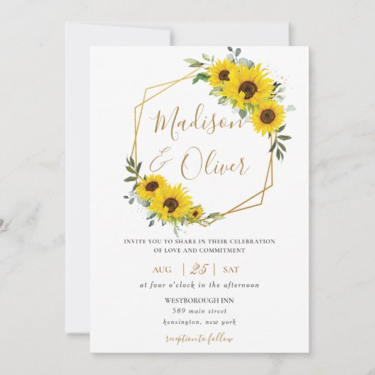 Chic Sunflower Bloral Gold Geometric Wedding Einladung (Vorderseite)