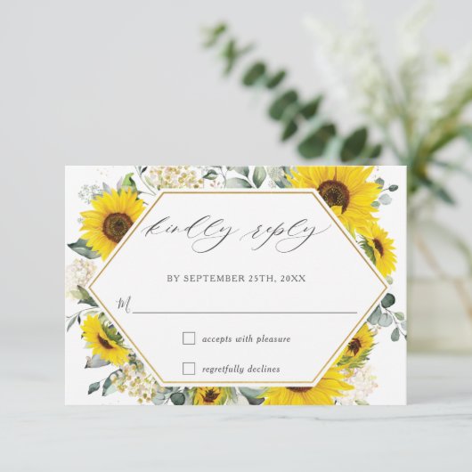 Chic Sunflower Blues Wedding RSVP Card (Stehend Vorderseite)