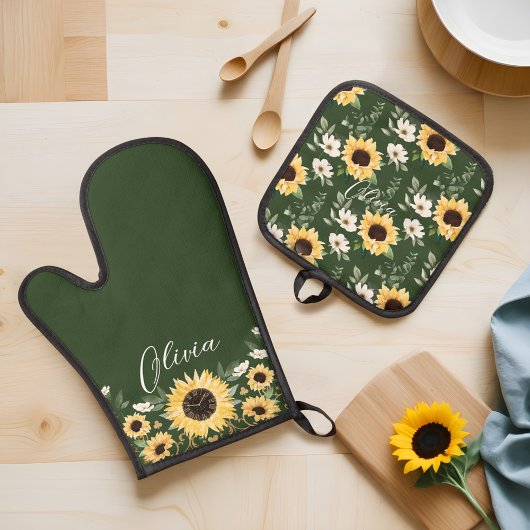 Chic Sunflower Blumenmuster Benutzerdefinierter Sk Ofenhandschuh & Topflappen-Set