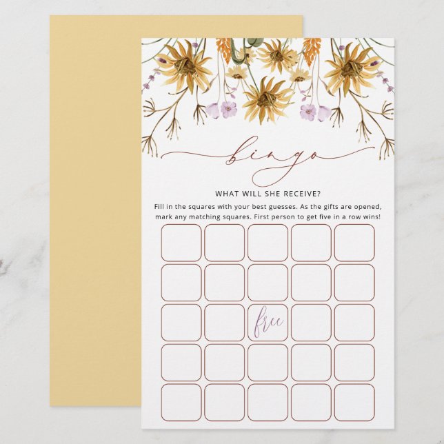 Chic Sunflower Bridal Bingo Game Card (Vorne/Hinten)