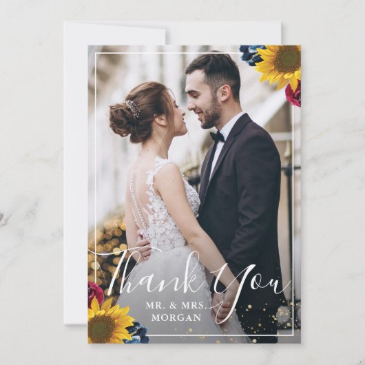 Chic Sunflower Burgundy Navy Blue Floral Foto Dankeskarte (Vorderseite)