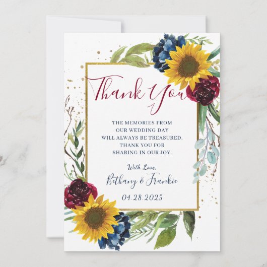 Chic Sunflower Burgundy Navy Blue Floral Foto Dankeskarte (Rückseite)