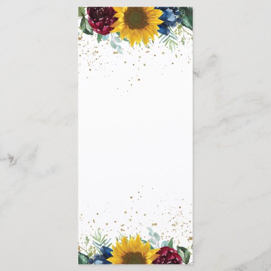 Chic Sunflower Burgundy Navy Blue Floral Wedding Menükarte (Rückseite)