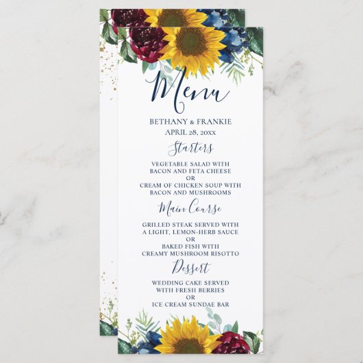 Chic Sunflower Burgundy Navy Blue Floral Wedding Menükarte (Vorne/Hinten)