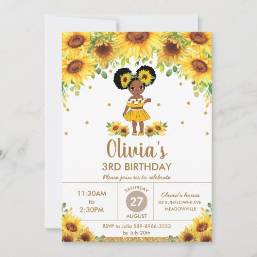 Chic Sunflower Niedlich American Girl Birthday Einladung (Vorderseite)