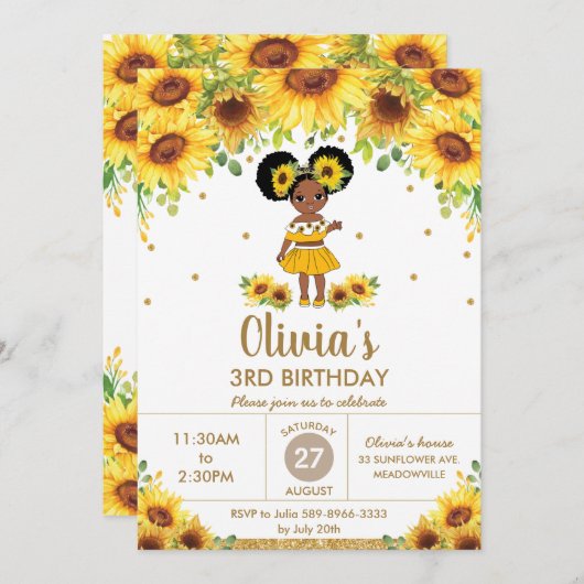 Chic Sunflower Niedlich American Girl Birthday Einladung (Vorne/Hinten)