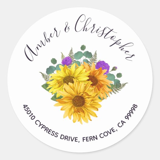 Chic Sunflower Rose Wedding Address Umschlag Aufkl Runder Aufkleber (Vorderseite)