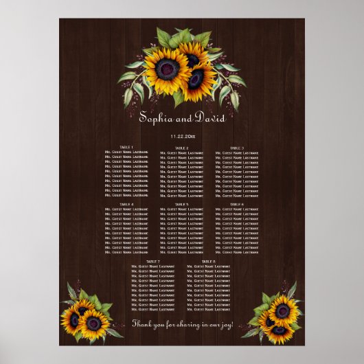 Chic Sunflowers Holz Wedding Seating Chart Poster (Vorne)