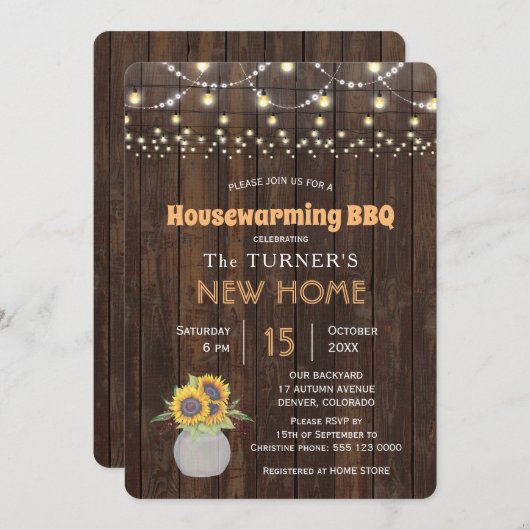 Chic Sunflowers String Lights Housewarming Party Einladung (Vorne/Hinten)
