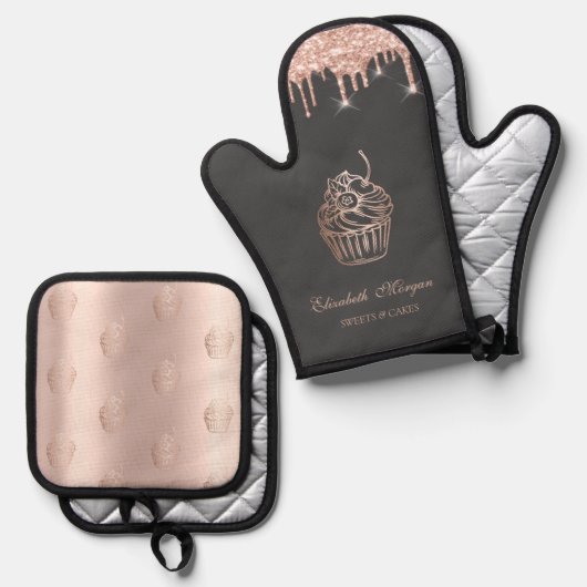 Chic Süßigkeiten Cupcake Rose Gold Tropfen Bäckere Ofenhandschuh & Topflappen-Set (Vorderseite/Rückseite)